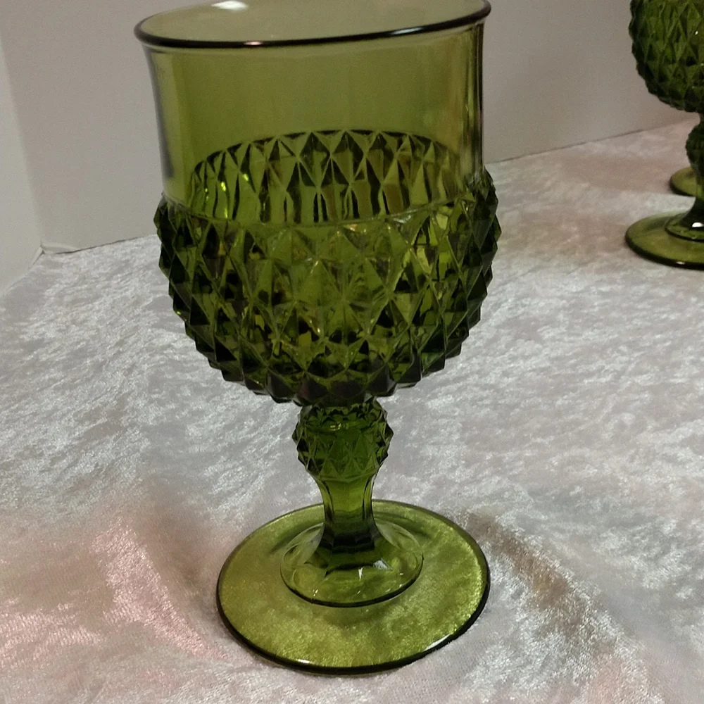 Vintage Glass Diamond Point Green Water Goblet, Mid Century Glass - Picture 7 of 9